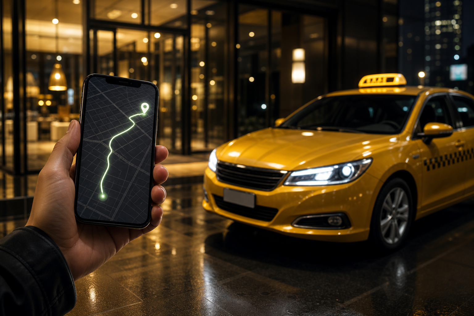 Telefon haritası ve bekleyen sarı taksi görseli